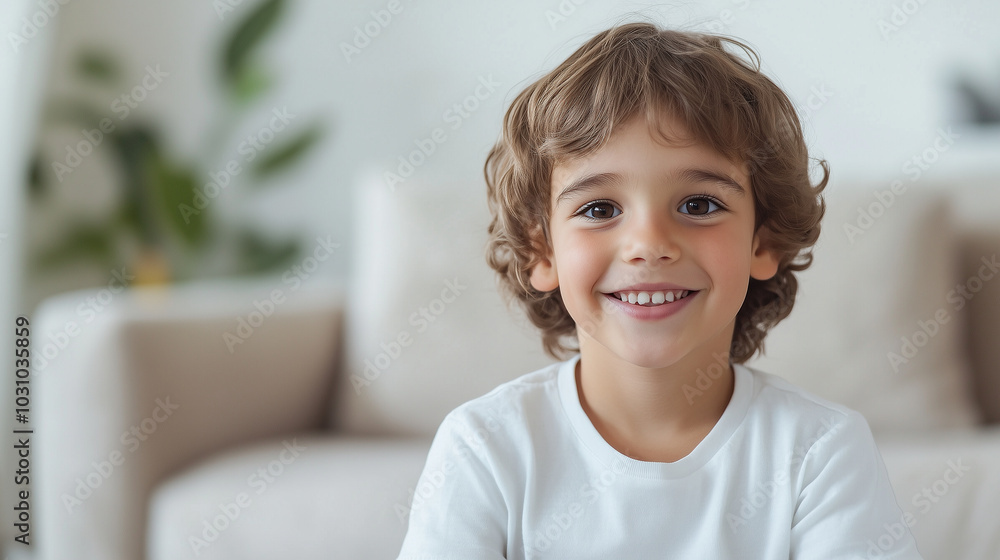 Bright and happy child sitting in a cozy bedroom with natural light A young boy, smiling and full of joy, sits in a modern and cozy bedroom filled with natural light. The soft colo Bright and happy child sitting in a cozy bedroom with natural light A young boy, smiling and full of joy, sits in a modern and cozy bedroom filled with natural light. The soft colo