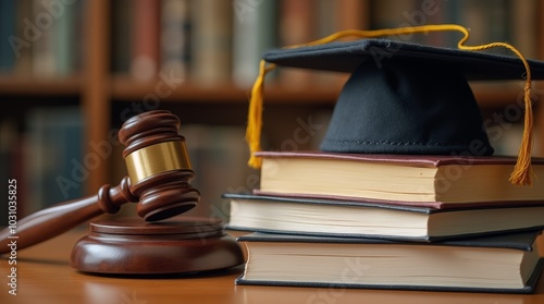 A graduation cap resting on law books with a gavel symbolizing legal education and achievement in a library setting