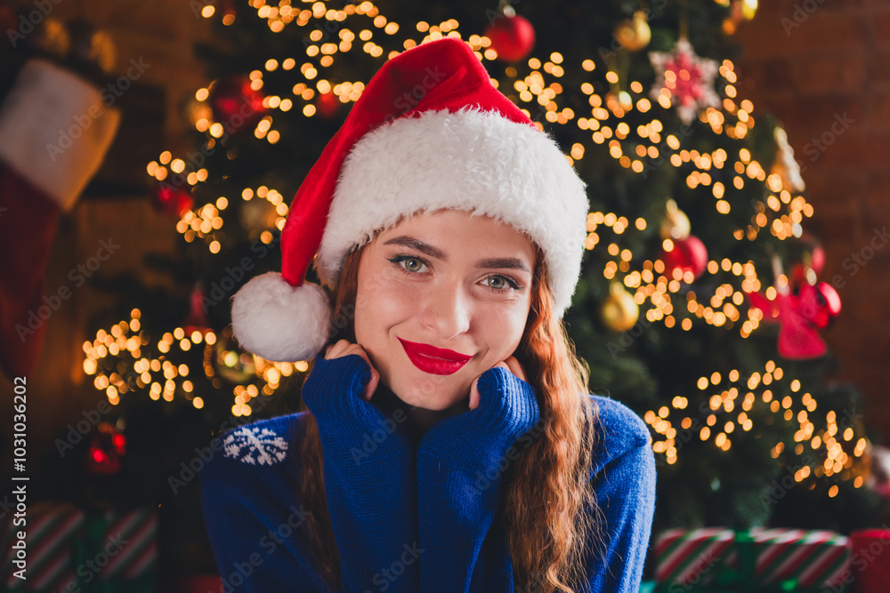 Photo of adorable lovely girl wearing blue clothes magic new year festive event cosy atmosphere indoors Photo of adorable lovely girl wearing blue clothes magic new year festive event cosy atmosphere indoors