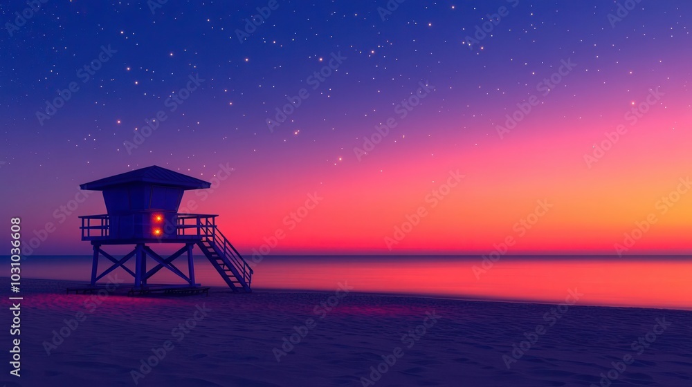 A nostalgic 80s beach sunset with sparkle stars appearing in the sky, soft glowing lights from old lifeguard towers reflecting in the water A nostalgic 80s beach sunset with sparkle stars appearing in the sky, soft glowing lights from old lifeguard towers reflecting in the water
