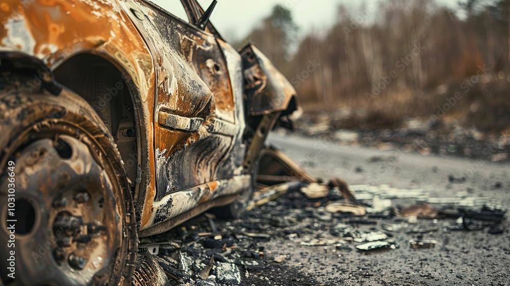 Car after the fire. Burnt passenger car Closeup. Burnt car frame with ash and garbage after a fire. Rusty steel and metal structures. Traffic accident and vandalism concept. Car after the fire. Burnt passenger car Closeup. Burnt car frame with ash and garbage after a fire. Rusty steel and metal structures. Traffic accident and vandalism concept.