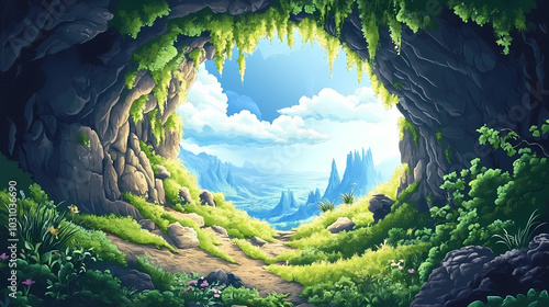 Religious conception cave in vector style beautiful illustration picture. Mossy Cave. Illustration photo