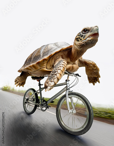 tortuga en bicicleta, tortuga rápida, fondo blanco, tortuga montando bicicleta, divertido, tortuga en carrera, chistoso, montando bicicleta, viajando, AI, inteligencia artificial, arte, montaje, 