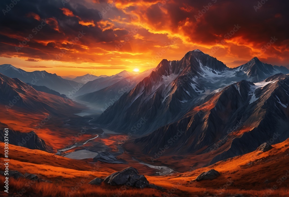 Naklejka premium A stunning view of a fiery sunset casting a warm glow over a vast mountain range