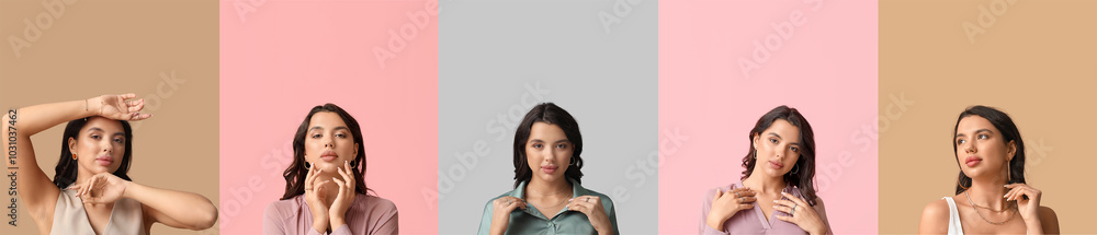Set of fashionable young woman wearing jewelry on color background Set of fashionable young woman wearing jewelry on color background
