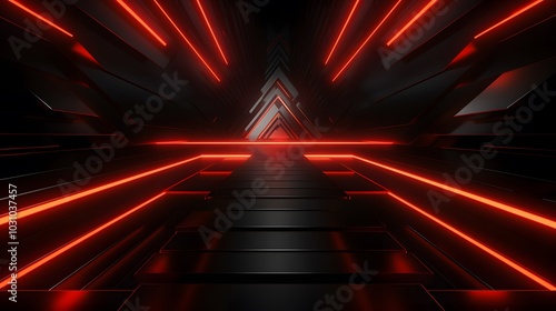 3d rendering of black and red abstract geometric background. Scene for advertising, technology, showcase, banner, game, sport, cosmetic, business, metaverse. Sci-Fi Illustration. Product display