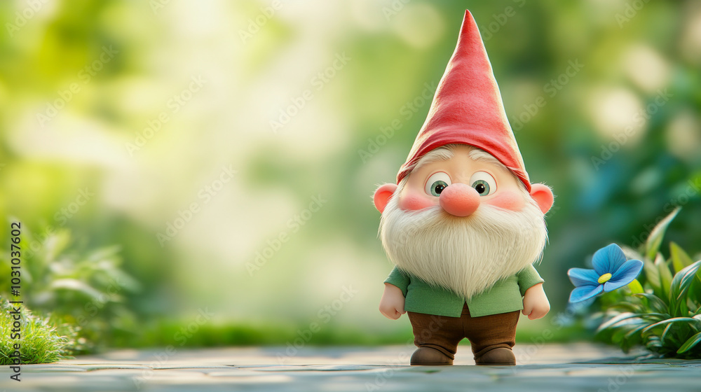 Obraz premium A cheerful garden gnome stands on a stone path surrounded by vibrant greenery and a blue flower during a sunny day
