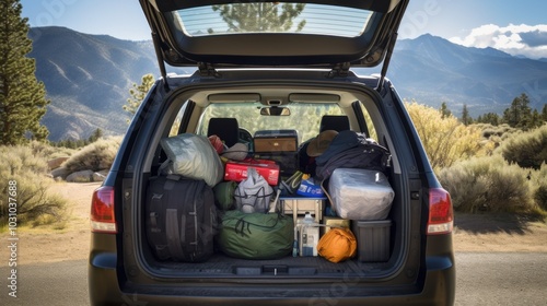 A car's open trunk filled with neatly packed camping gear and supplies, ready for an adventurous journey amid pristine mountain landscapes. photo