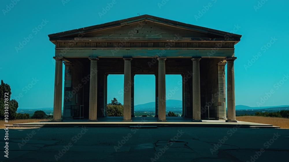 Fototapeta premium Ancient Greek Temple Ruins with Columns and a View of Mountains