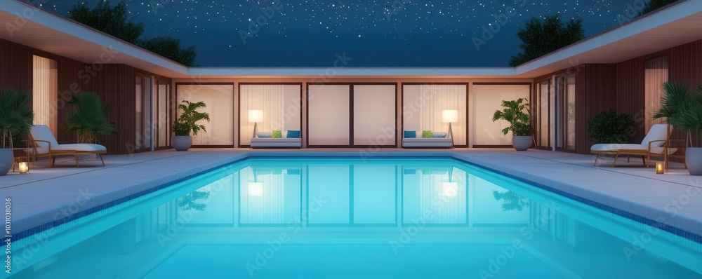 Fototapeta premium Dreamy mid-century poolside scene with sparkle stars twinkling above, soft reflections in the water, and vintage decor glowing warmly