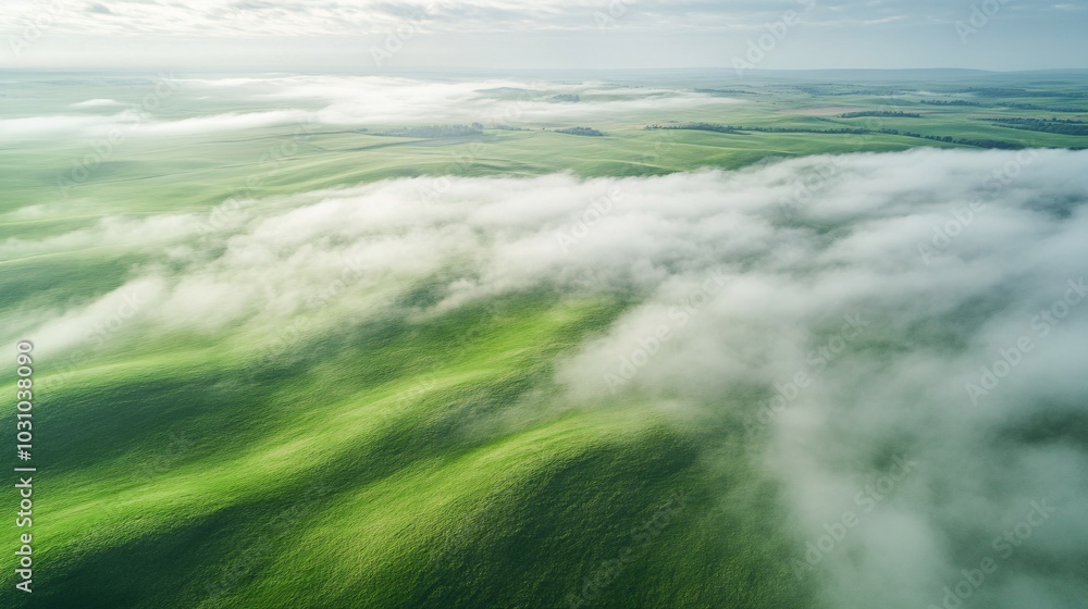 Fototapeta premium Aerial View of Rolling Green Hills with Fog