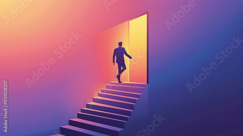 Career opportunity door, businessman climbing stairs toward new possibilities,  illustration -