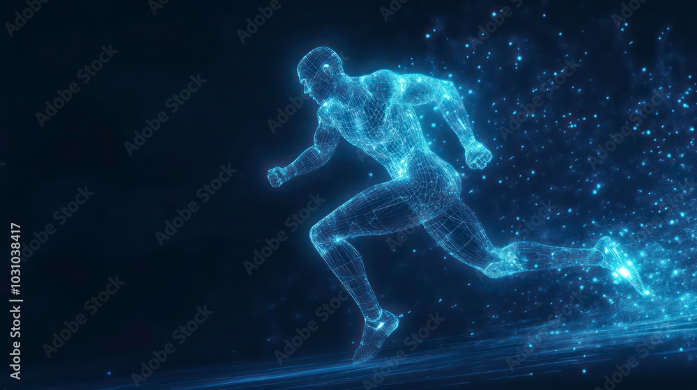 A glowing blue digital human figure running on a dark background, composed of lines and dots, representing speed, technology, and the future. A glowing blue digital human figure running on a dark background, composed of lines and dots, representing speed, technology, and the future.