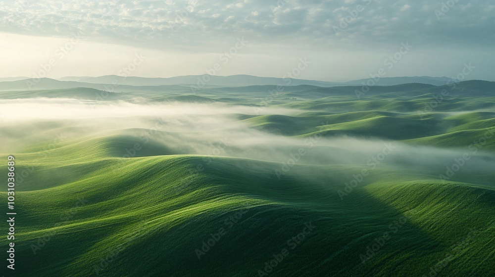 Rolling Green Hills with Morning Mist and Distant Mountains Rolling Green Hills with Morning Mist and Distant Mountains