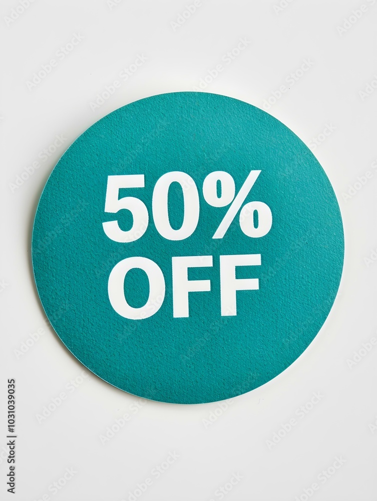 White '50% OFF' Text on a Emerald Round Paper Note. White Background White '50% OFF' Text on a Emerald Round Paper Note. White Background