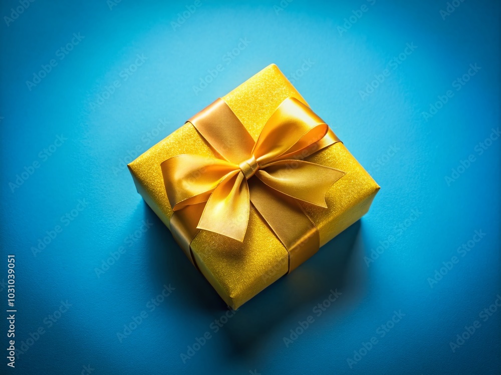 Yellow Gift Box with Golden Bow on Blue Background - Perfect Holiday Present for Celebrations Yellow Gift Box with Golden Bow on Blue Background - Perfect Holiday Present for Celebrations