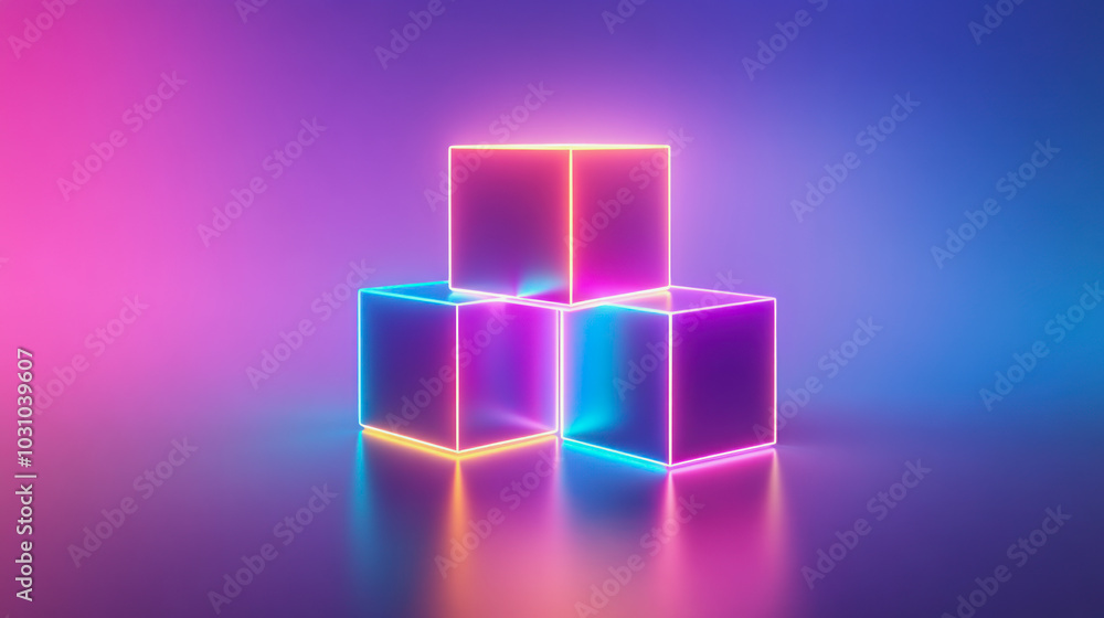 Three illuminated neon squares create a vibrant display against a colorful backdrop in a modern artistic setting Three illuminated neon squares create a vibrant display against a colorful backdrop in a modern artistic setting