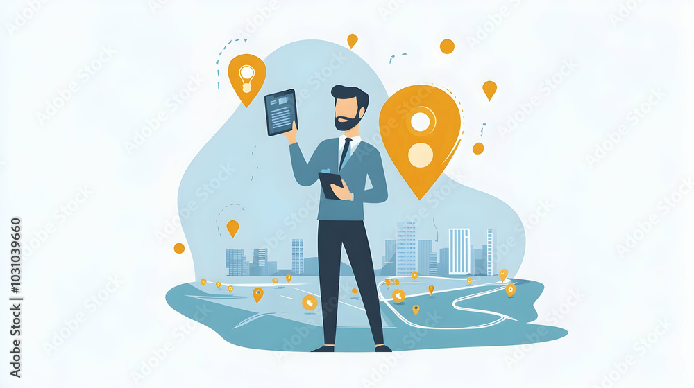 Contact us via email, phone, or office location, business communication channels for customers, businessman with a phone, email, and location pin,  illustration -