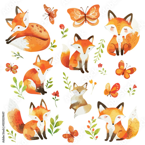 Watercolor painting of a collection of fox, isolated on a white background, and a collection of fox vector