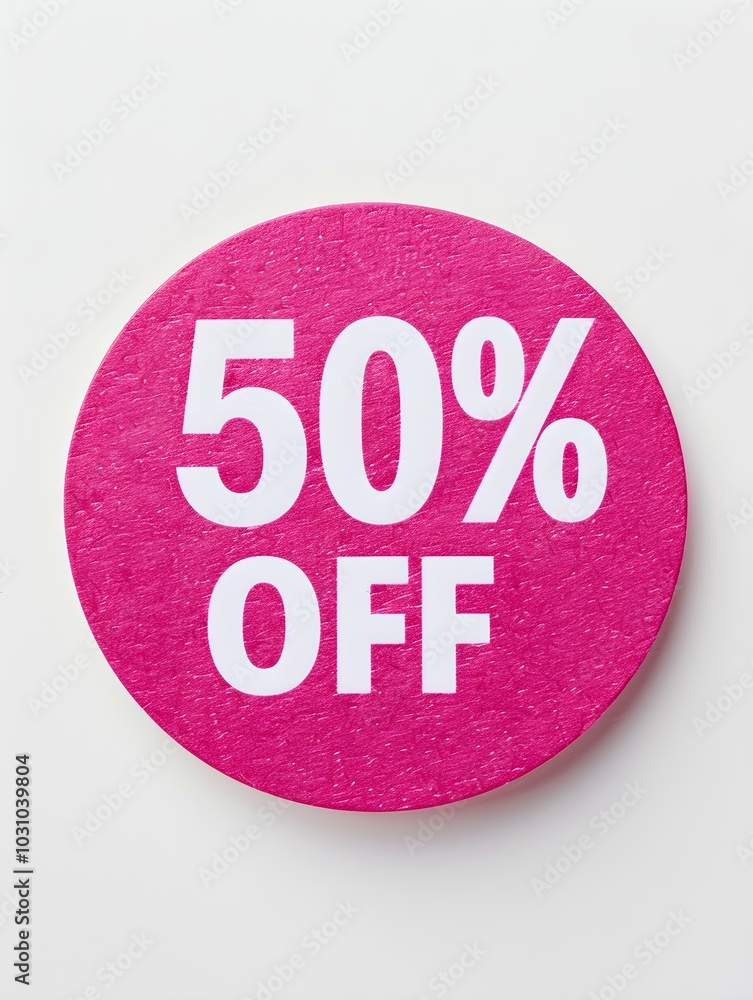 White '50% OFF' Text on a Fuchsia Round Paper Note. White Background White '50% OFF' Text on a Fuchsia Round Paper Note. White Background