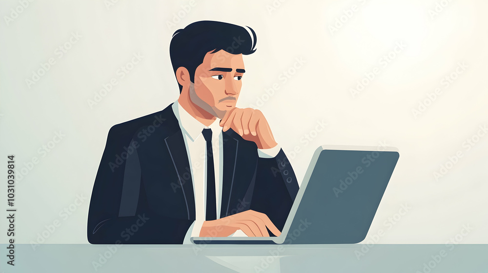 Contemplation and Decision-Making Process, Businessman Thinking with a Laptop, illustration - Contemplation and Decision-Making Process, Businessman Thinking with a Laptop, illustration -