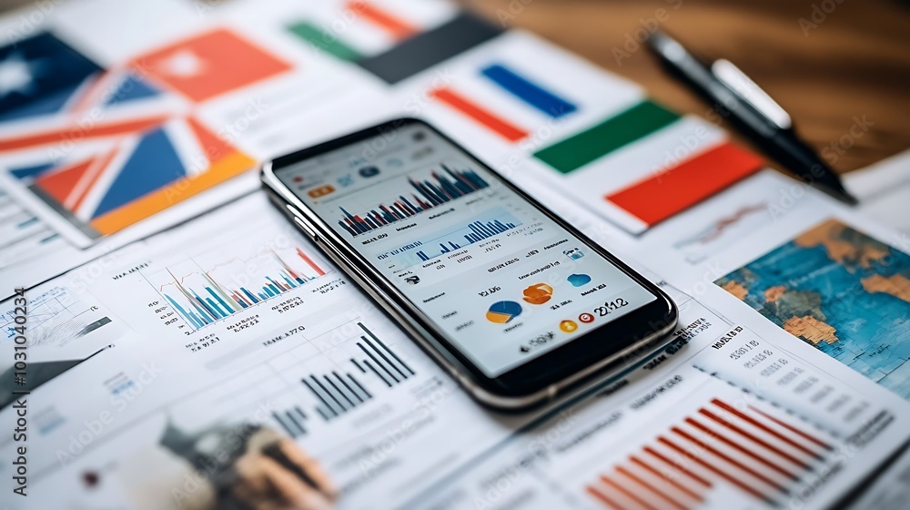 A flat lay of a smartphone displaying a stock trading app, placed on a desk with international flags and financial reports, showcasing the influence of international markets. A flat lay of a smartphone displaying a stock trading app, placed on a desk with international flags and financial reports, showcasing the influence of international markets.