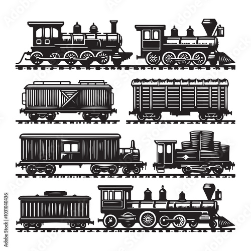 Train Bundle Illustration, Rail Cargo Cut File, Vintage Stencil vector silhouette on white background 10 eps photo