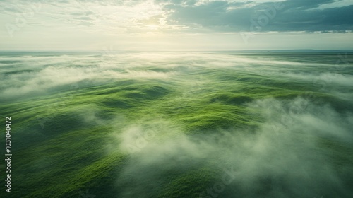 Aerial View of Rolling Green Hills Bathed in Mist