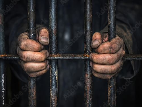 Capturing the essence of despair as hands grip iron bars in a dimly lit prison cell photo