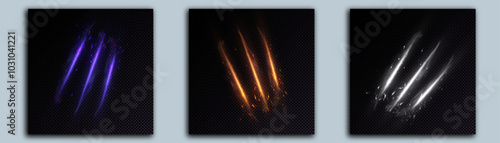 Three lines of sparks and glowing claws, light effect of cut from claws, vector.