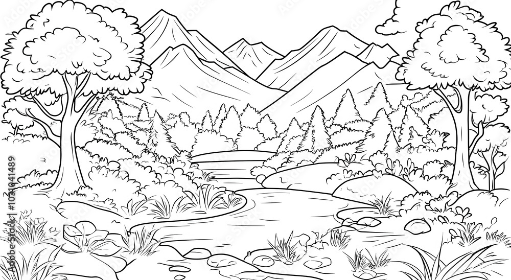 Fototapeta premium Forest landscape coloring book, example of children's coloring book. Concept of children's creative development.