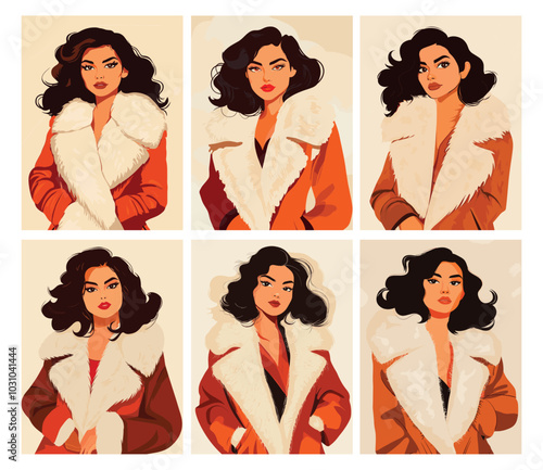 Fur coat woman. Glamour model person, winter fashion poster, elegant fluffy female warm clothing, vector illustrations set