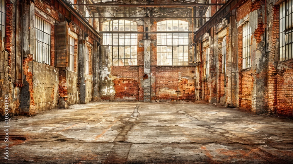 Abandoned Brick Factory Interior with Large Windows Abandoned Brick Factory Interior with Large Windows