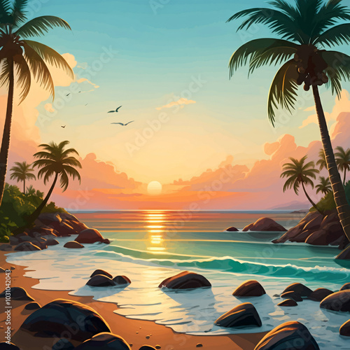 Tropical beach at sunset with palm trees, rocks on the sand, and a vibrant sky.