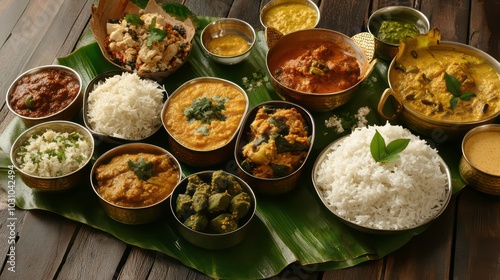 A traditional South Indian thali meal, served on a banana leaf, with various curries, rice, and side dishes. photo