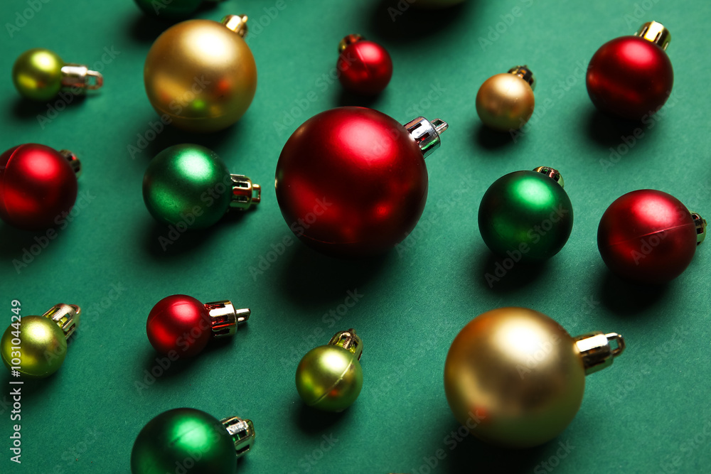 Christmas balls on green background Christmas balls on green background