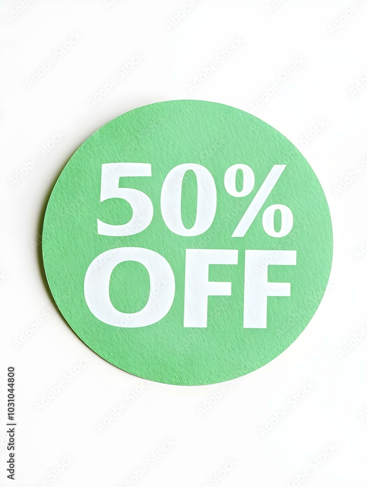 White '50% OFF' Text on a Light Green Round Paper Note. White Background White '50% OFF' Text on a Light Green Round Paper Note. White Background