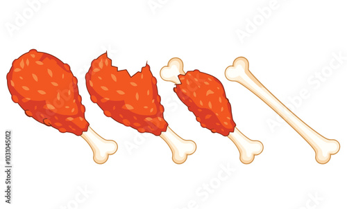 Piece of fried chicken leg with bitten meat and bone. Cartoon flat illustration of a delicious, fatty meal. Ideal for food-themed designs, representing eaten meals and food scraps.