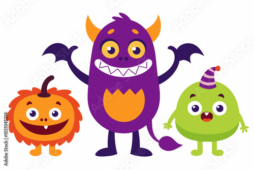 Happy Halloween Day. Set of cute monster isolated on white background cartoon character coloring page for kids. Funny animal outline illustration .with white background.