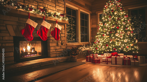 A charming living area featuring a Christmas tree with red and white decorations, holiday stockings hung by the fireplace