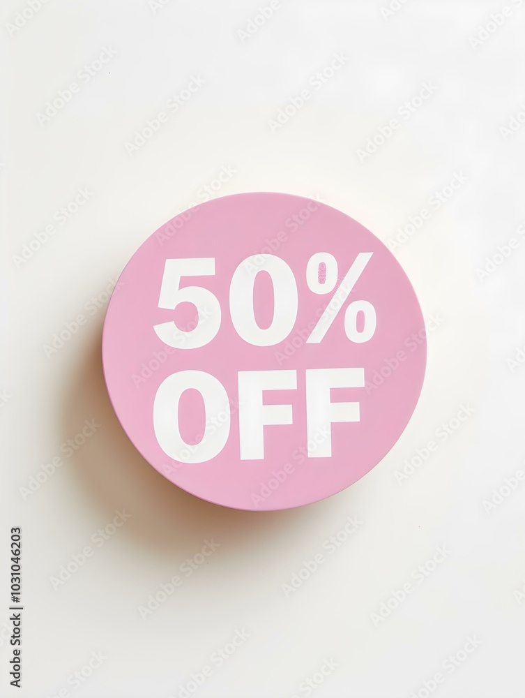 White '50% OFF' Text on a Light Pink Round Paper Note. White Background White '50% OFF' Text on a Light Pink Round Paper Note. White Background
