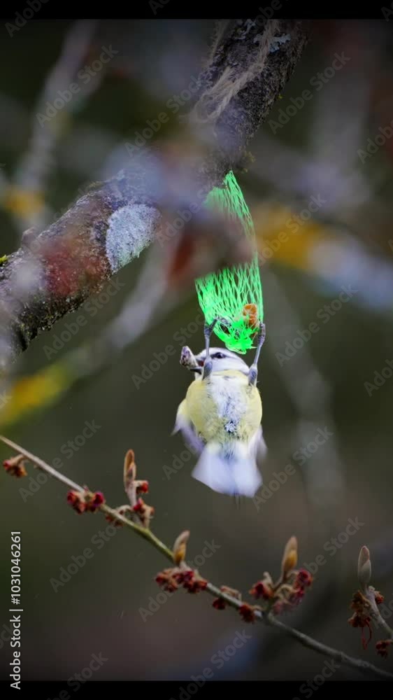Vertical shot of Eurasian blue tit takes food from birdfeeder on tree in the morning, then takes off Vertical shot of Eurasian blue tit takes food from birdfeeder on tree in the morning, then takes off