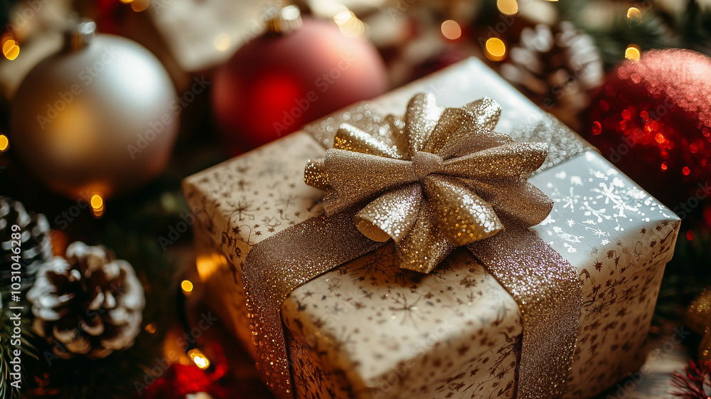 a gift-wrapped box with a shimmering bow, surrounded by holiday decorations and festive wrapping paper a gift-wrapped box with a shimmering bow, surrounded by holiday decorations and festive wrapping paper