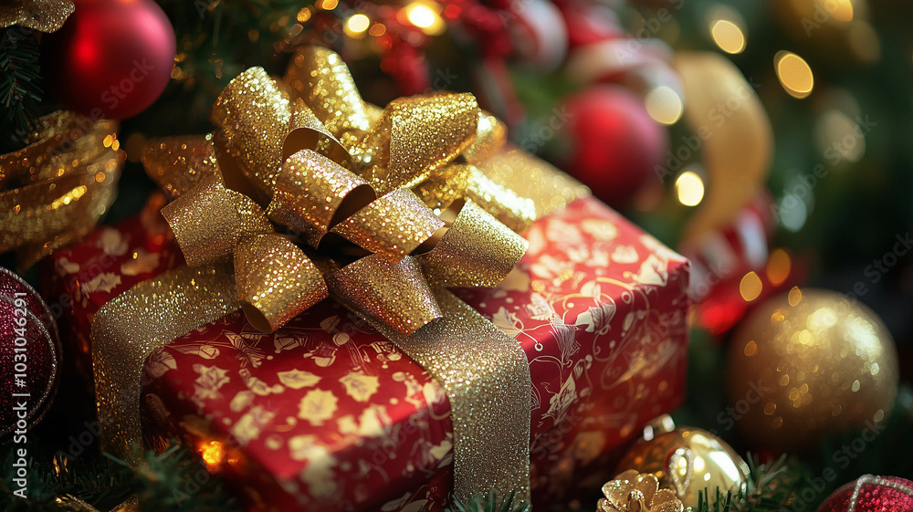 a gift-wrapped box with a shimmering bow, surrounded by holiday decorations and festive wrapping paper a gift-wrapped box with a shimmering bow, surrounded by holiday decorations and festive wrapping paper