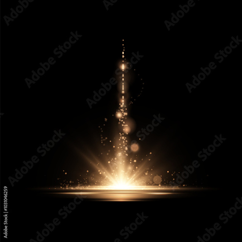 Abstract golden vertical glow. Bright light explosion of shimmering rays on dark background. Luxury design style. Vector illustration