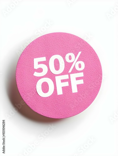 White '50% OFF' Text on a Light Pink Round Paper Note. White Background 