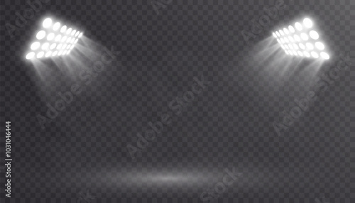 Spotlights on a transparent background. Stage lighting with bright LED strobe lights. Laser light show from many spotlights.