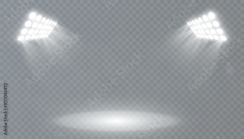 Spotlight with bright white light and glare for stage and podium lighting. Spotlight with bright white light projection studio beams for lighting concert stages club shows. Vector