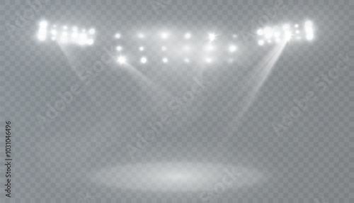 Spotlight with bright white light and glare for stage and podium lighting. Spotlight with bright white light projection studio beams for lighting concert stages club shows. Vector