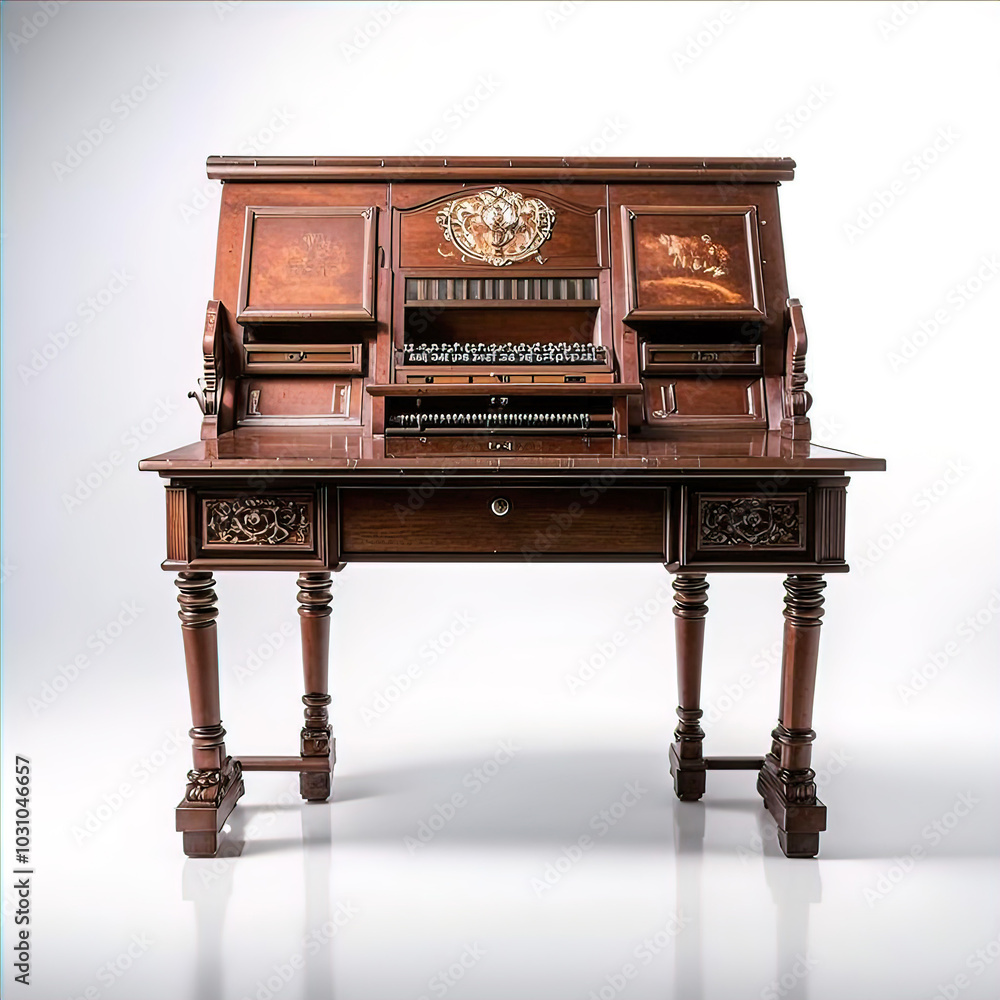 19th century antique bureau writing desk, full length, isolated on white background